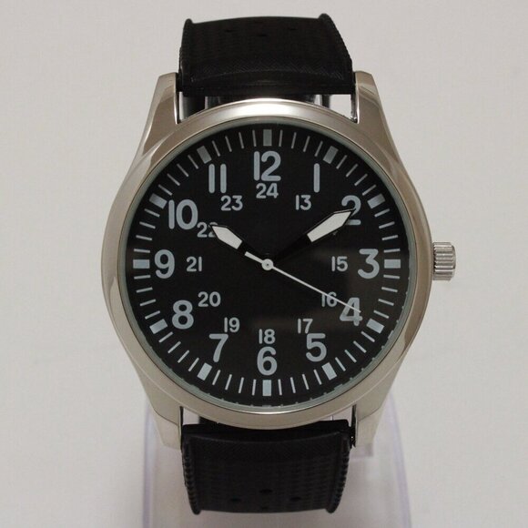 Men's Quartz Field Watch Silver Case Black Tropical Strap 42mm - Picture 3 of 12